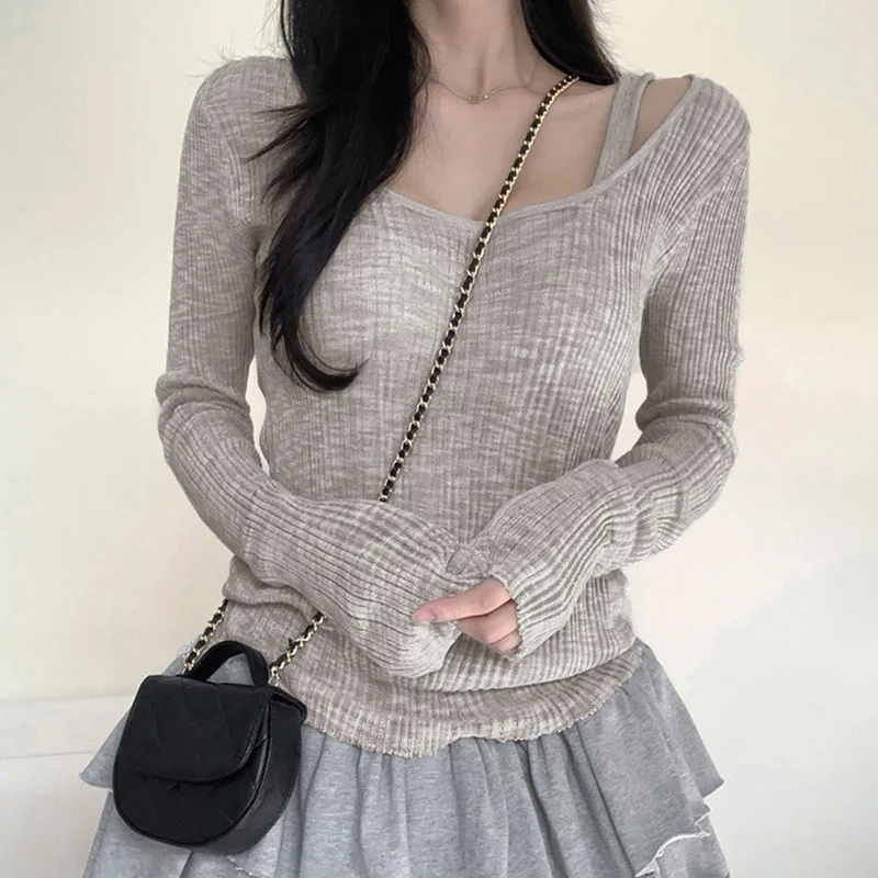 Casual two-piece long sleeved T-shirt solid color versatile pit stripe pullover round neck base top autumn