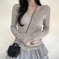 Casual two-piece long sleeved T-shirt solid color versatile pit stripe pullover round neck base top autumn