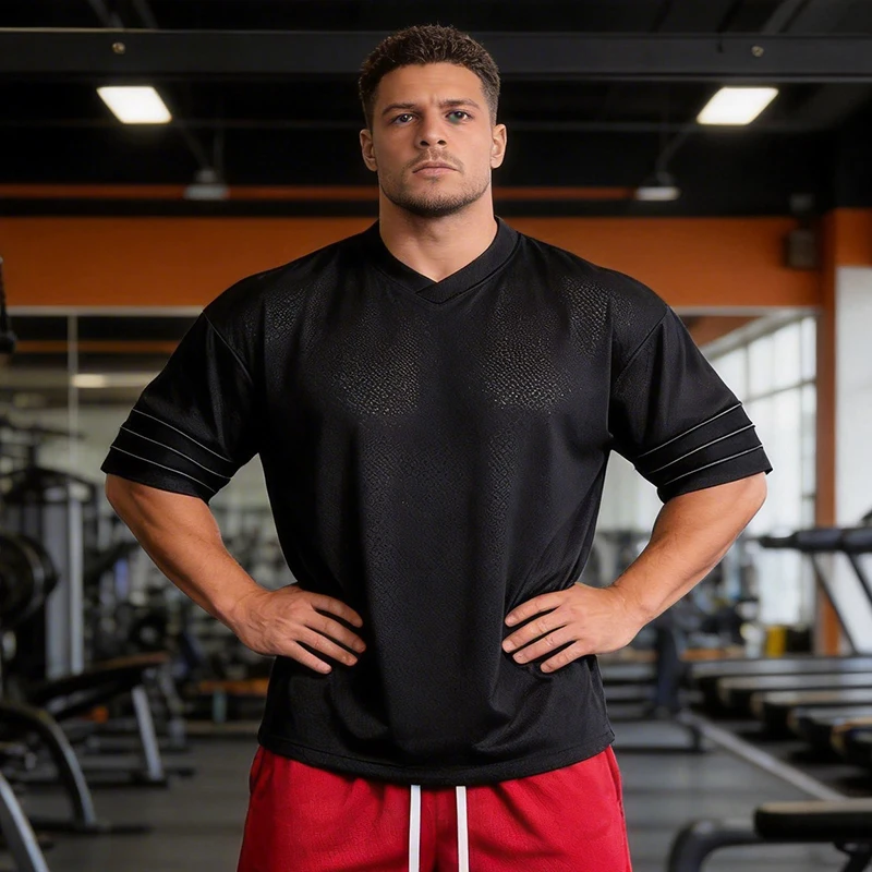 Oversized Trainning Exercise Half Sleeve T-shirts Mens Mesh Dropped Shoulders Sports Clothing Gym Fitness Workout T Shirts