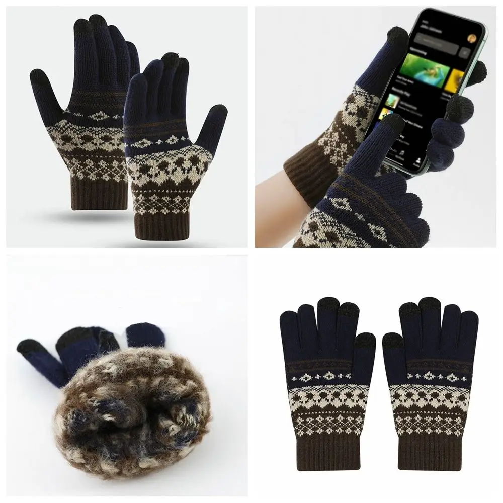 

Simple Thick Knitted Gloves Solid Color Velvet Jacquard Gloves Driving Gloves Thermal Ethnic Style Gloves Male