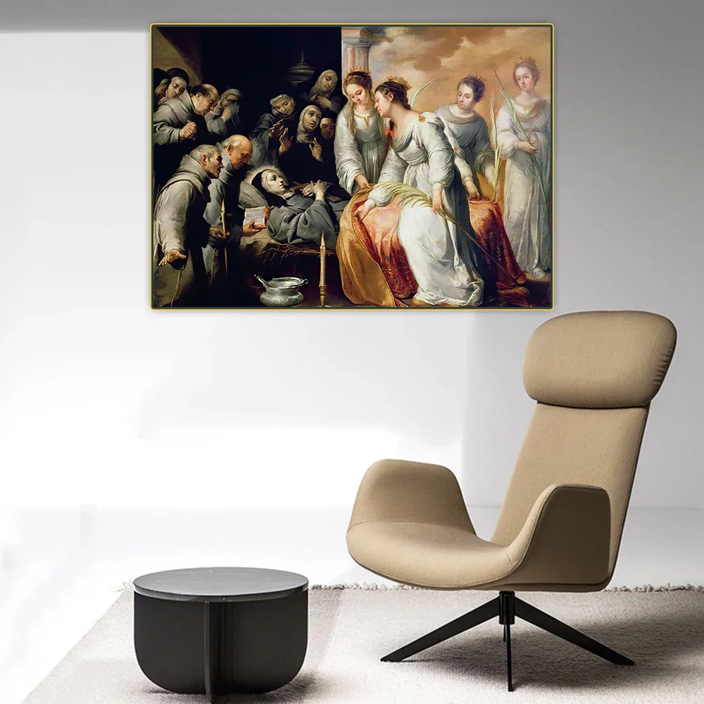 Citon Murillo 《La muerte de San Clare", lienzo, pintura al óleo, póster artístico, imagen, decoraciones de fondo de pared, decoración del hogar
