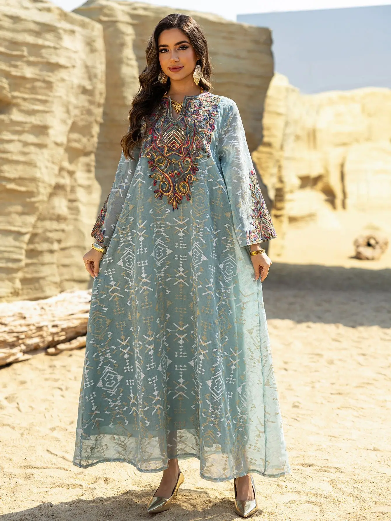 Abaya muçulmano Jalabiya moda malha bordada emendada ​ ​ Robe Médio Oriente Mulheres Vestido de Noite Mangas Compridas Vestidos de Festa