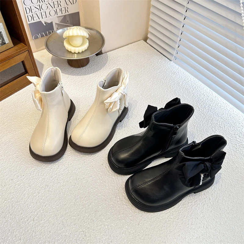 

Girls Princess Boots New Spring Autumn Children Ankle Boots Sweet Bowknot Causal Kids Catwalk Fashion Short Boots Side Zipper