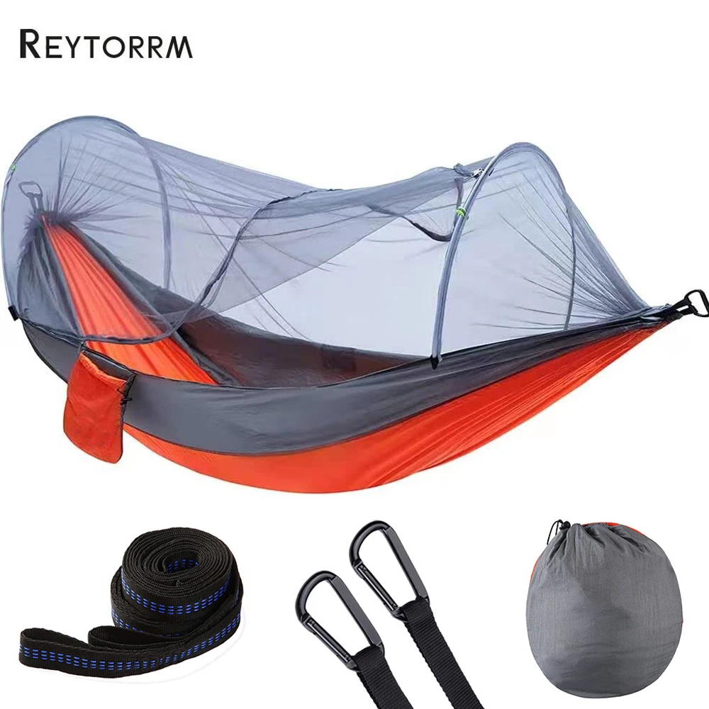 250*120cm Large Camping Hammock with Mosquito Net 2 Person Pop-up Parachute Lightweight Hanging Hammocks Swing with Tree Straps