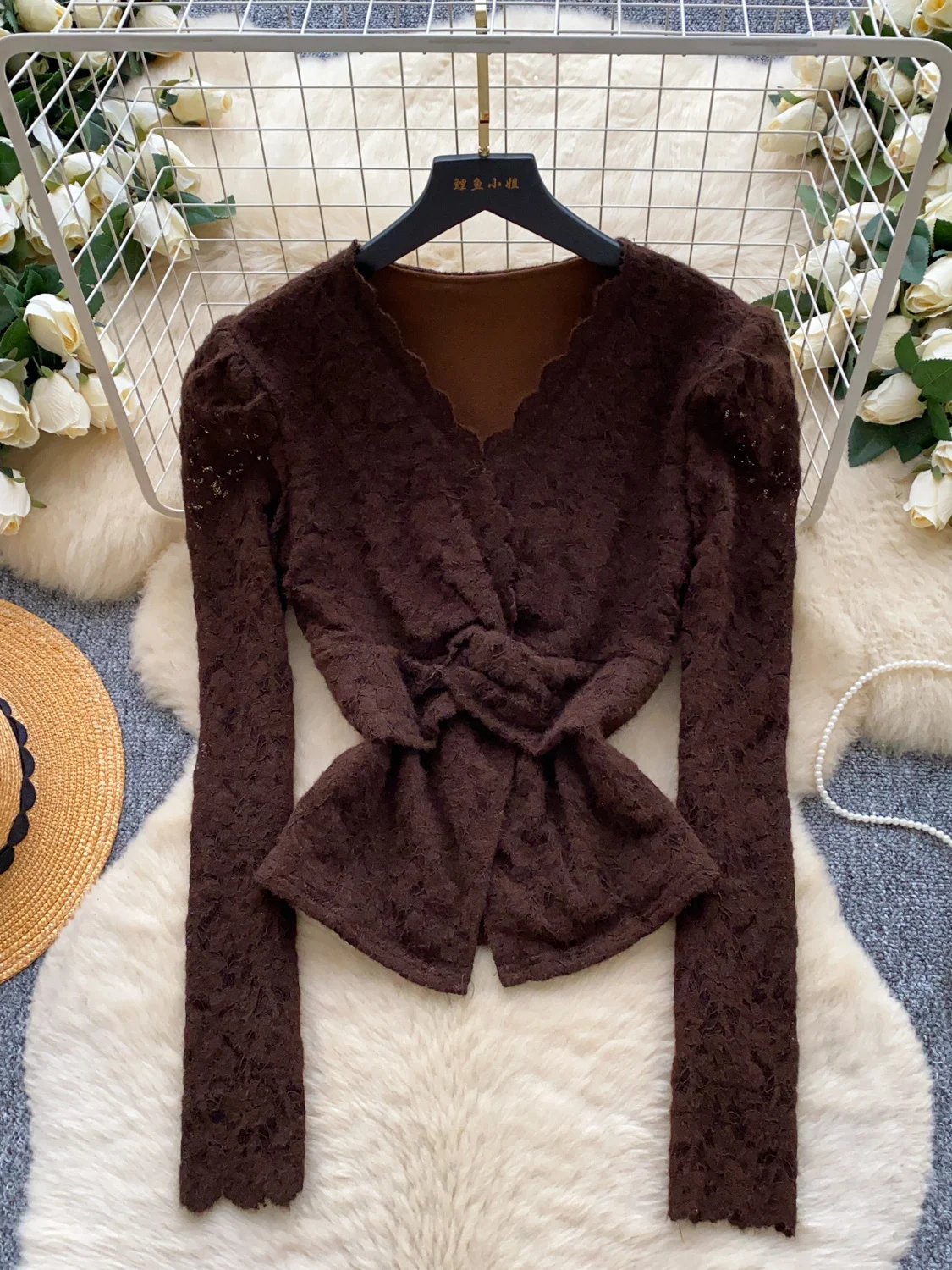 

2026 New Autumn Winter Women Vintage V-neck Long Sleeve Shirt Twisted Design High Waist Slim Solid Color Lace Shirt Tops