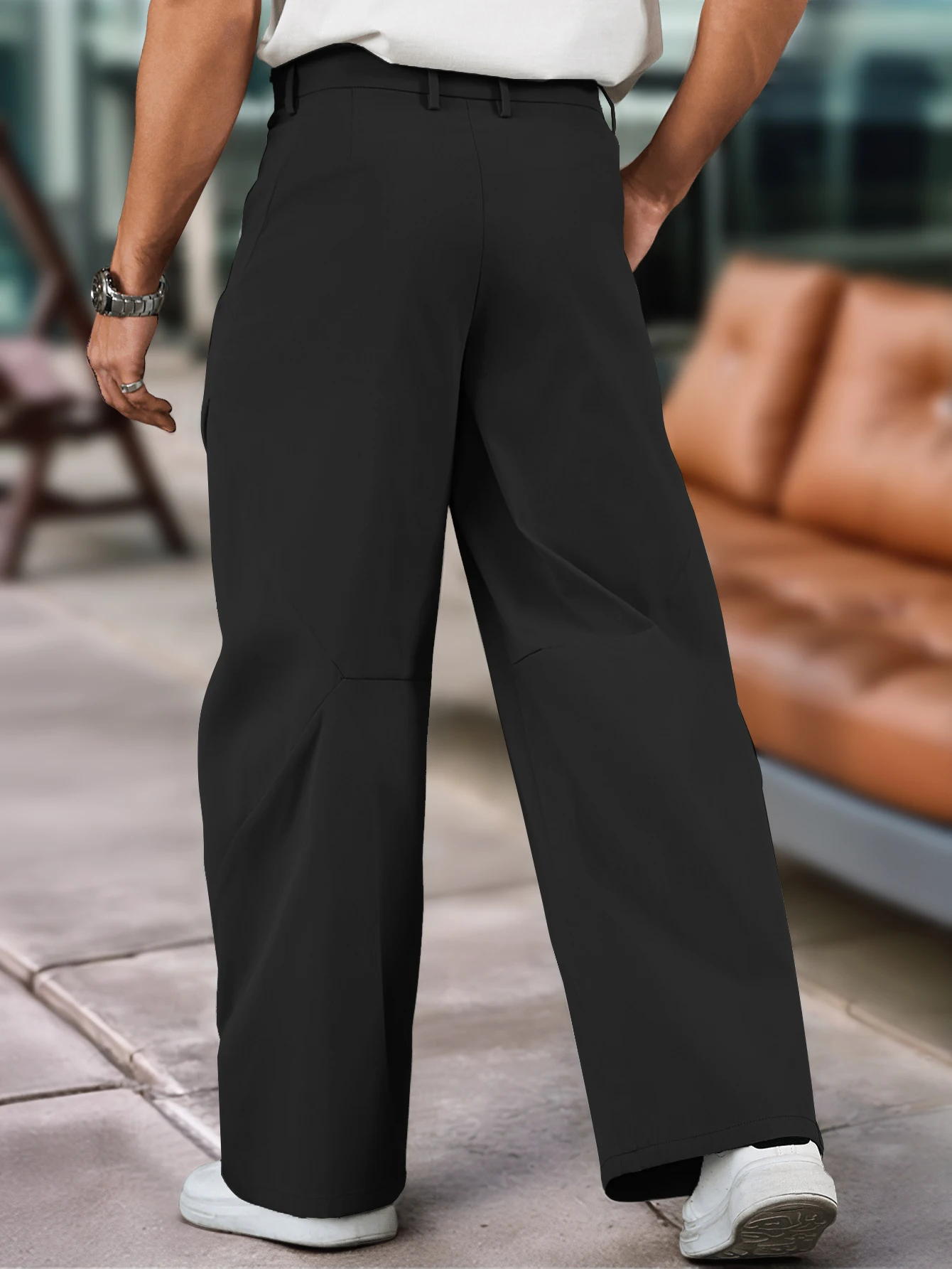 Men Wide Leg Panel Casual Pants 100% Polyester Loose Straight Baggy Trousers Lightweight Streetwear Work Bottoms S-XXL Black