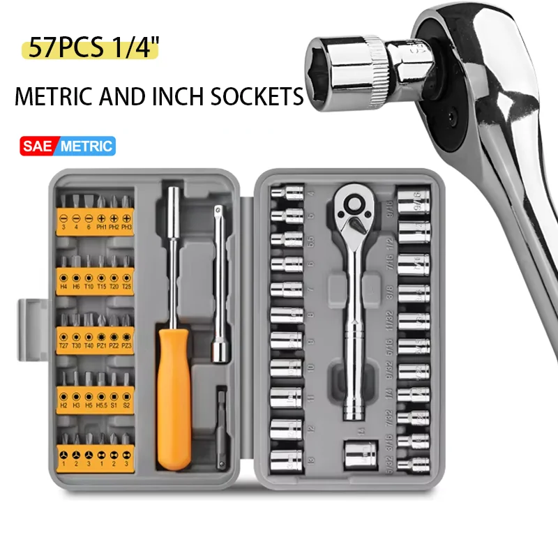 57 pçs 1/4 "conjunto de chave catraca soquete completo ferramentas reparo do carro conjunto para carro bicicleta motocicleta manutenção ferramentas mecânicas chave