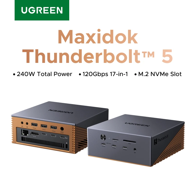 유그린 썬더볼트5 17-in-1 도킹 스테이션 USB 허브 120Gbps 8K60Hz M.2 NVMe SSD 슬롯 140W 고속 충전 맥북 노트북용