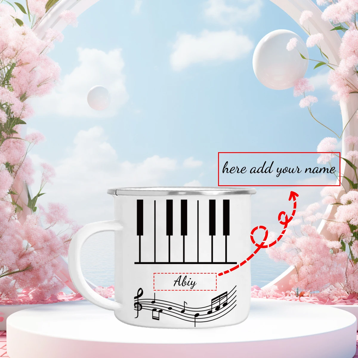 11oz Customized Name Design Text Enamel Cup 3D Print Piano Keys Party Drink Cup Breakfast Milk Cup Family Living Room Causal Mug