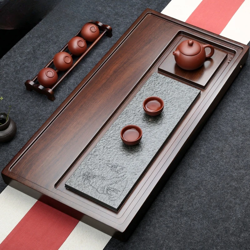 Ebony tea tray whole solid wood table modern simple black gold stone household  sea drainage kung fu set tray