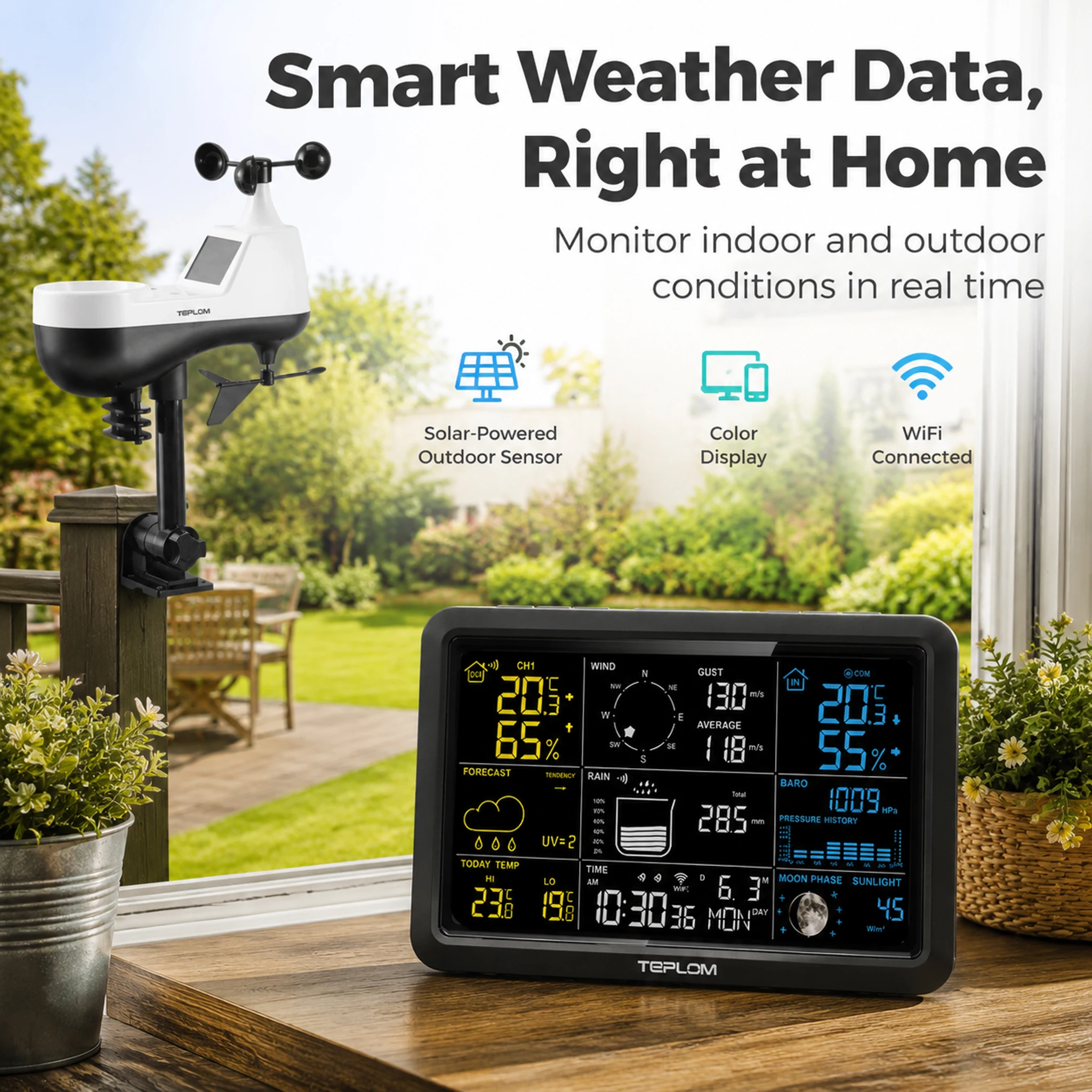 TEPLOM 7-in-1 Wi-Fi Weather Station 7.5 in Color Display + Solar Wireless Outdoor Sensor Alarm Alerts for Temperature Humidity
