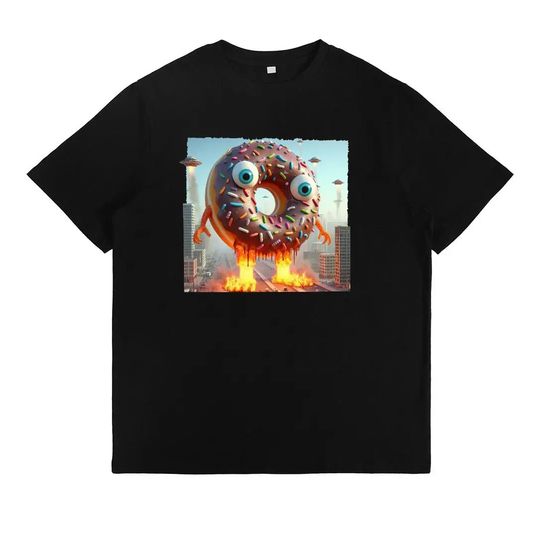 

Funny Giant Donut Monster T-Shirt for Men, Unisex UFO Sci-fi Creature Graphic Tee, Cool Alien Invasion Casual Streetwear