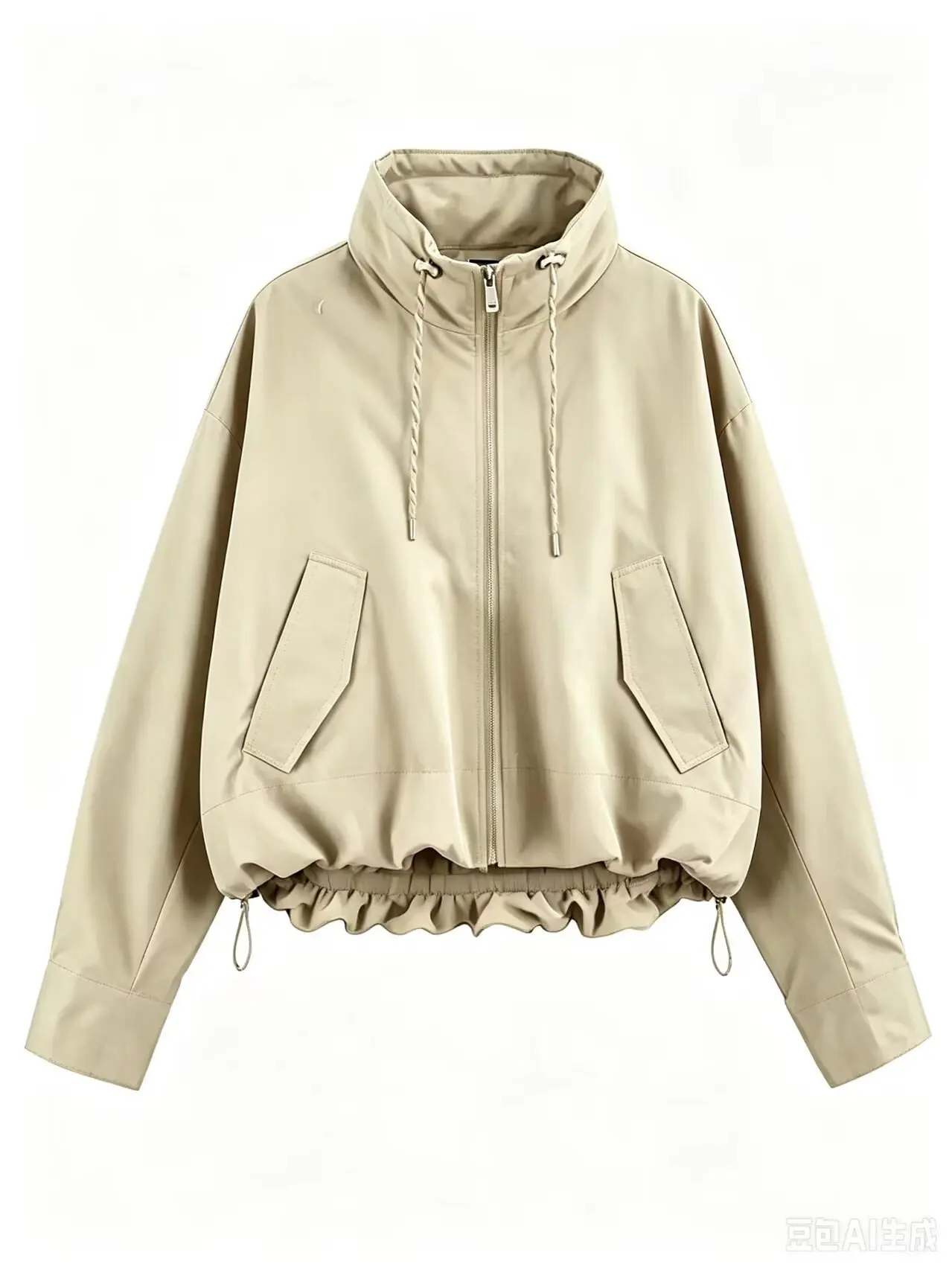 BSAY 2026 Herbst Damen Kurze Gefütterte Jacke Stehkragen Kordelzug am Saum Reißverschluss Langarm Locker Lässig mit Taschen Oberbekleidung Mantel – Detail 7