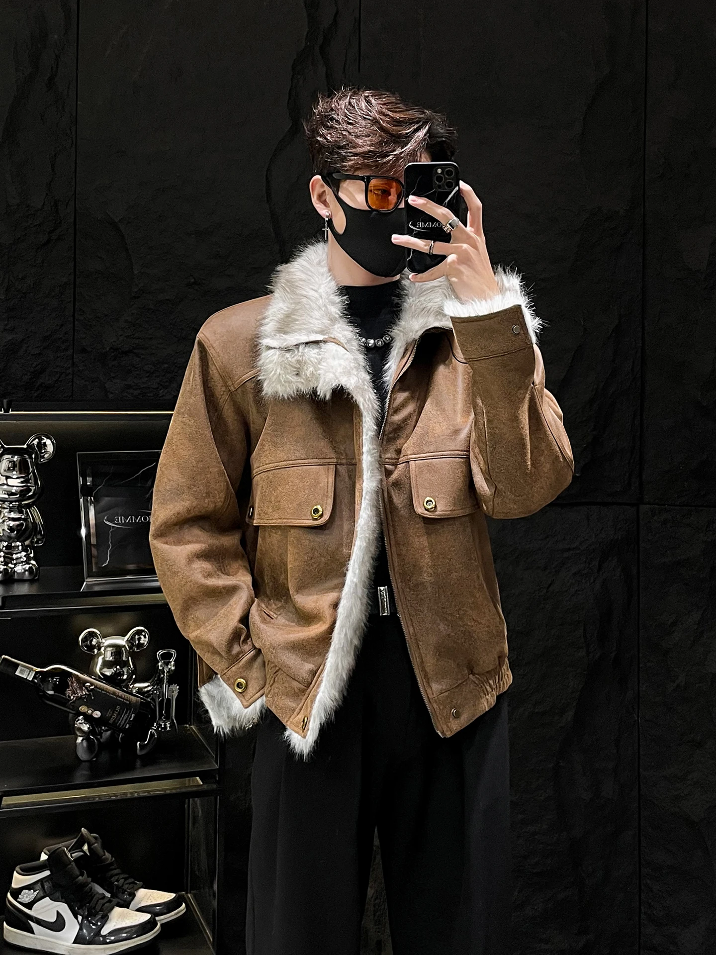 

Мужская зимняя куртка Thiened с меховым воротником, замшевая теплая верхняя одежда на хлопковой подкладке, повседневная длинная застежка-молния