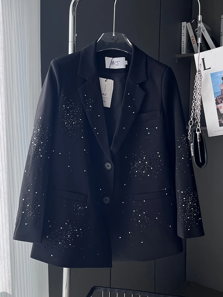 2023 novo casaco curto blazer estilo ocidental strass completo diamante terno jaqueta feminina estrelado indústria pesada strass pequeno terno