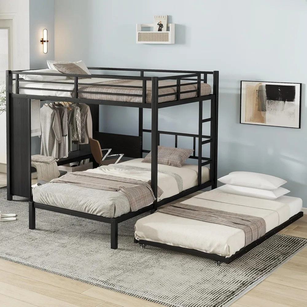 Heavy-Duty Metal Twin Bunk Bed with Built-In Wardrobe and Foldable Desk, Full Over Frame, Space-Saving Design