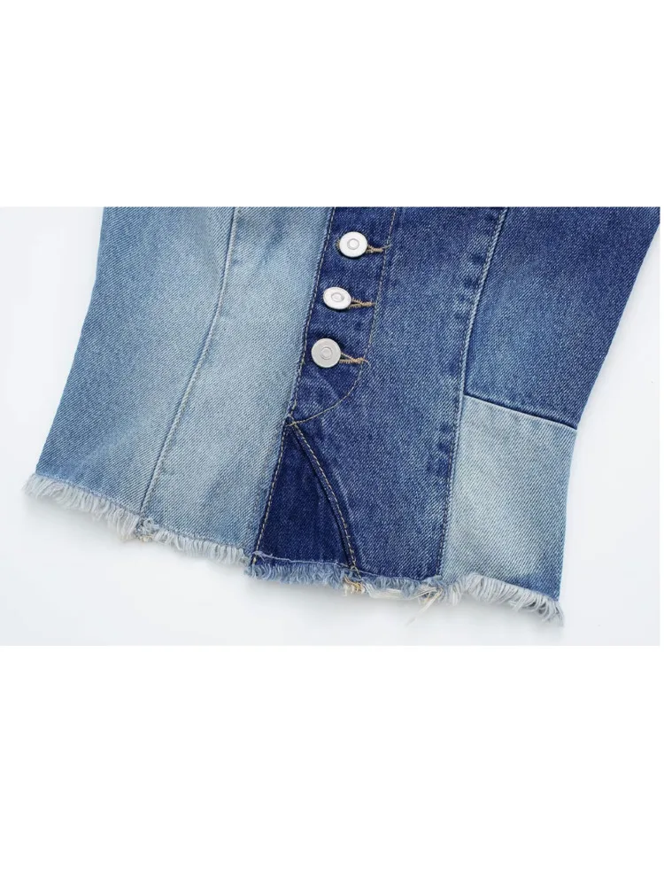 Women Fashion Front Button Patchwork Denim Tank Tops Sexy Backless Elastic Wide Straps Female Camis Mujer