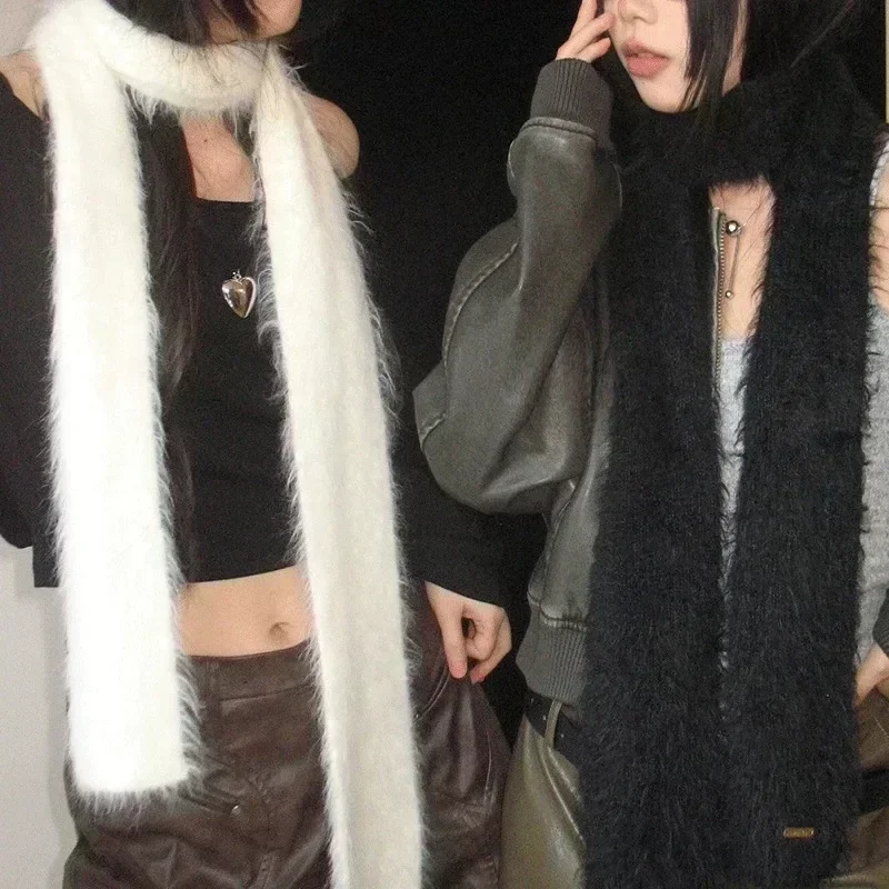 Korean Winter Designer Runway Thin Scarf Fashionable Plush Long Scarf Women\'s Imitation Mink Fur Y2K Girl Scarf for Warm