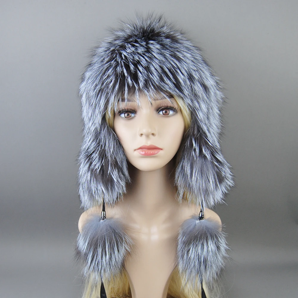 الفاخرة النساء الطبيعية الثعلب الفراء قبعة الفراء الحقيقي بيني قبعة قبعات منسوجة العلامة التجارية الروسية موضة شتاء دافئ سيدة قبعة الفضة الثعلب الفراء قبعة