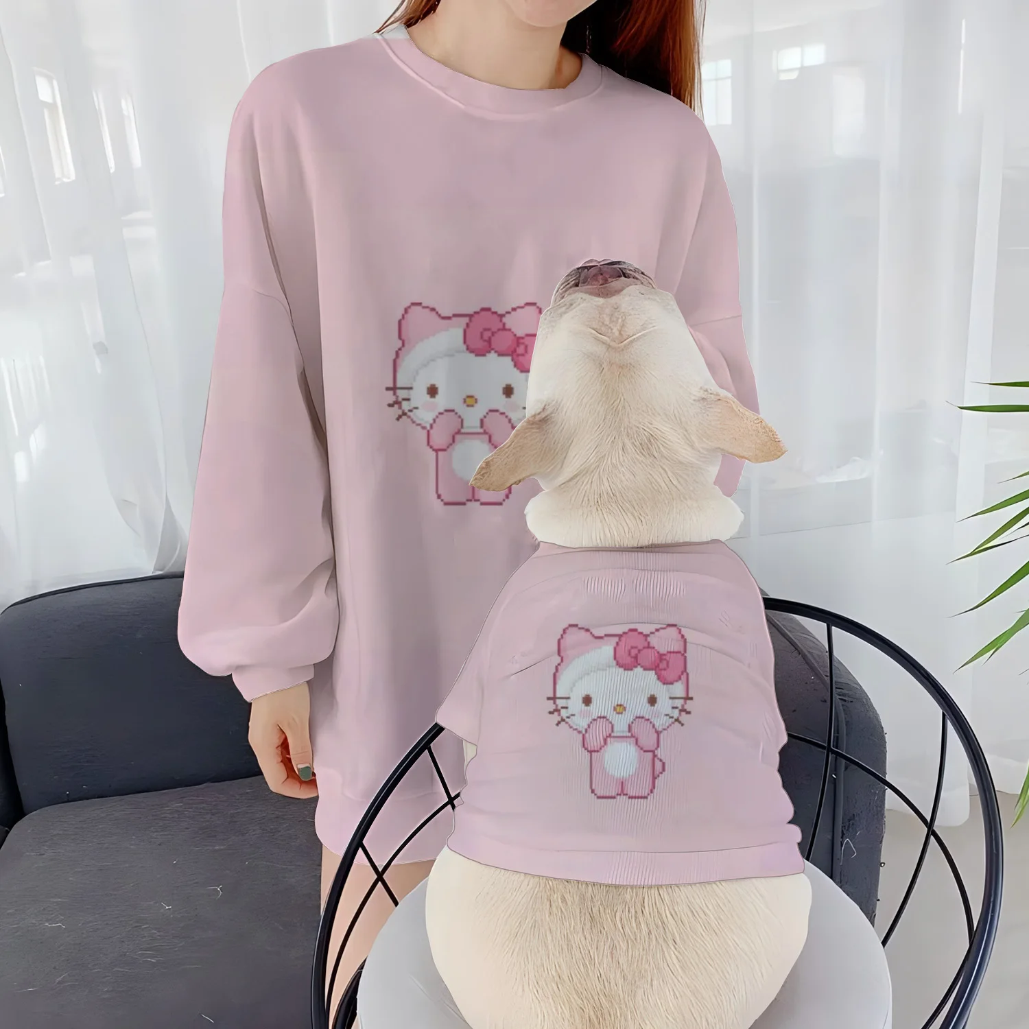 Long Sleeve Parent-Child Clothes Casual Sweatshirts Women Clothing Hello Kitty Round Neck Pet Pullover Autumn Winter Puppy 2024