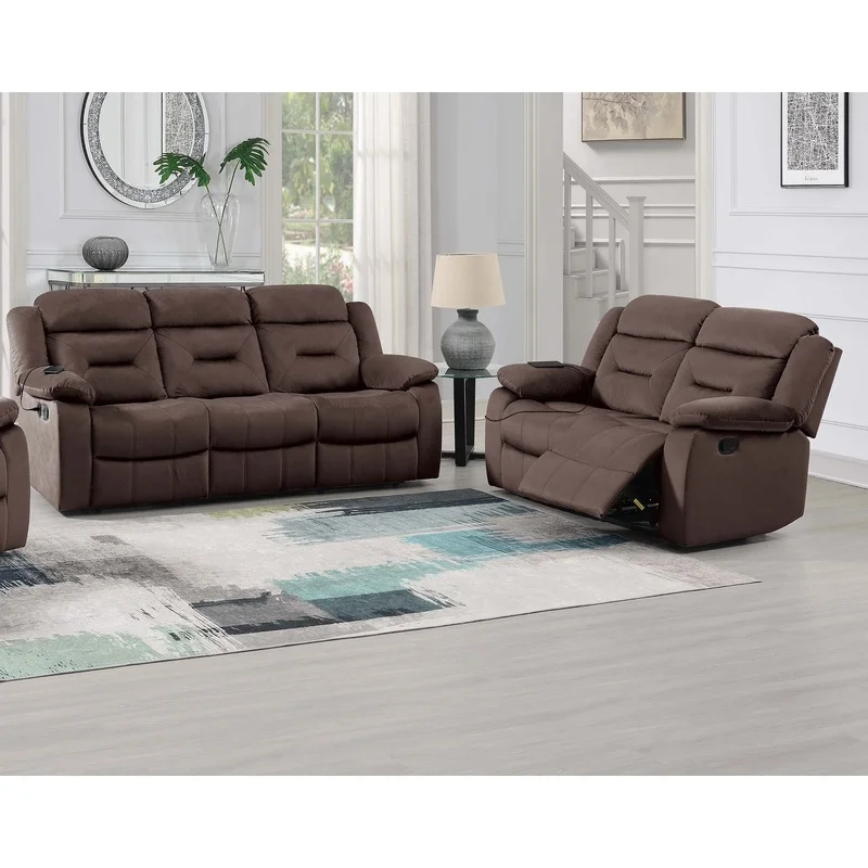Conjunto de Sala de Estar Contemporáneo de 2 Piezas con Acabado en Chocolate, Sofá y Sillón, Tapizado Vertical, Reposabrazos Acolchados, Reposacabezas con Soporte