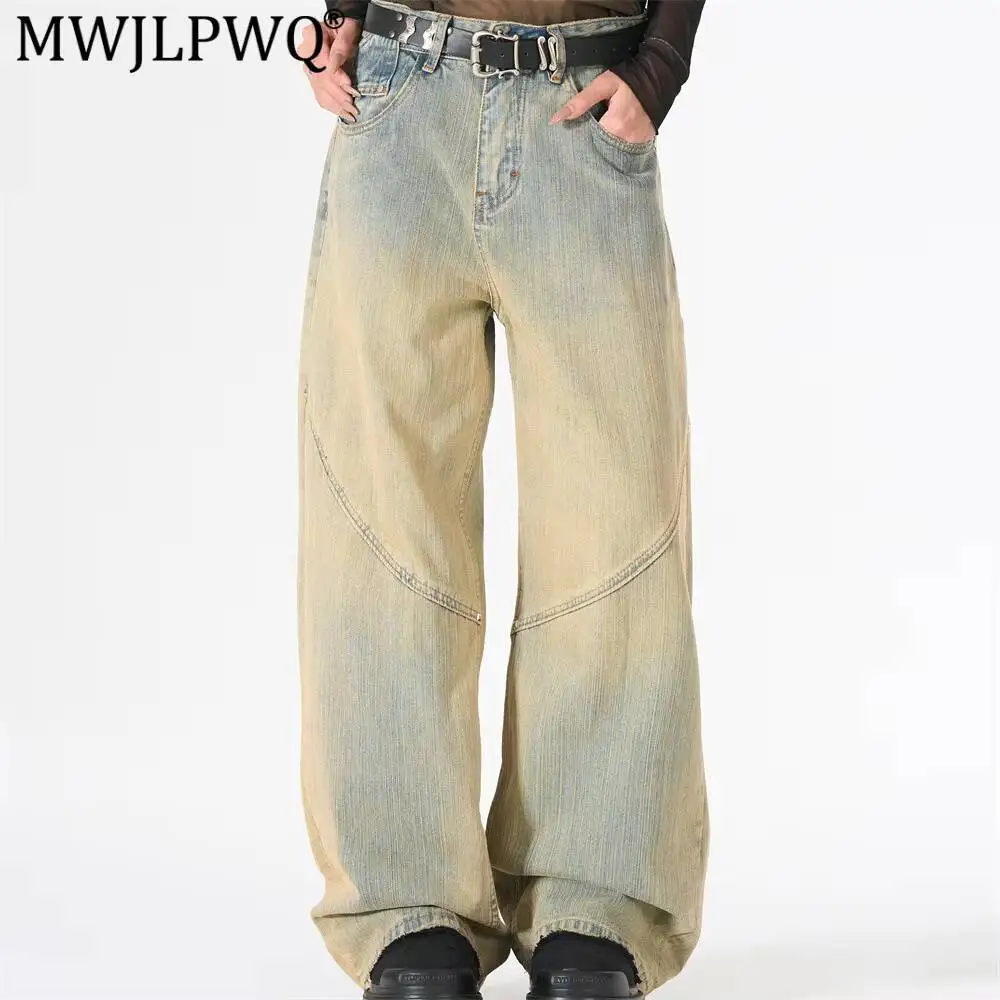 MWJLPWQ American Retro Mud-Dyed Distressed Jeans For Men Trendy Back Pocket Design Autumn New Loose Straight-Leg Trousers 17423