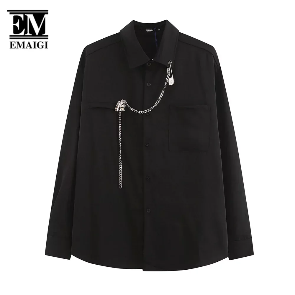 

Metal Chain Decorative Buckle Shirts Men Long Sleeve Loose Casual Streetwear Fashion Hip Hop Party Dress Shirts Blouses Y2k