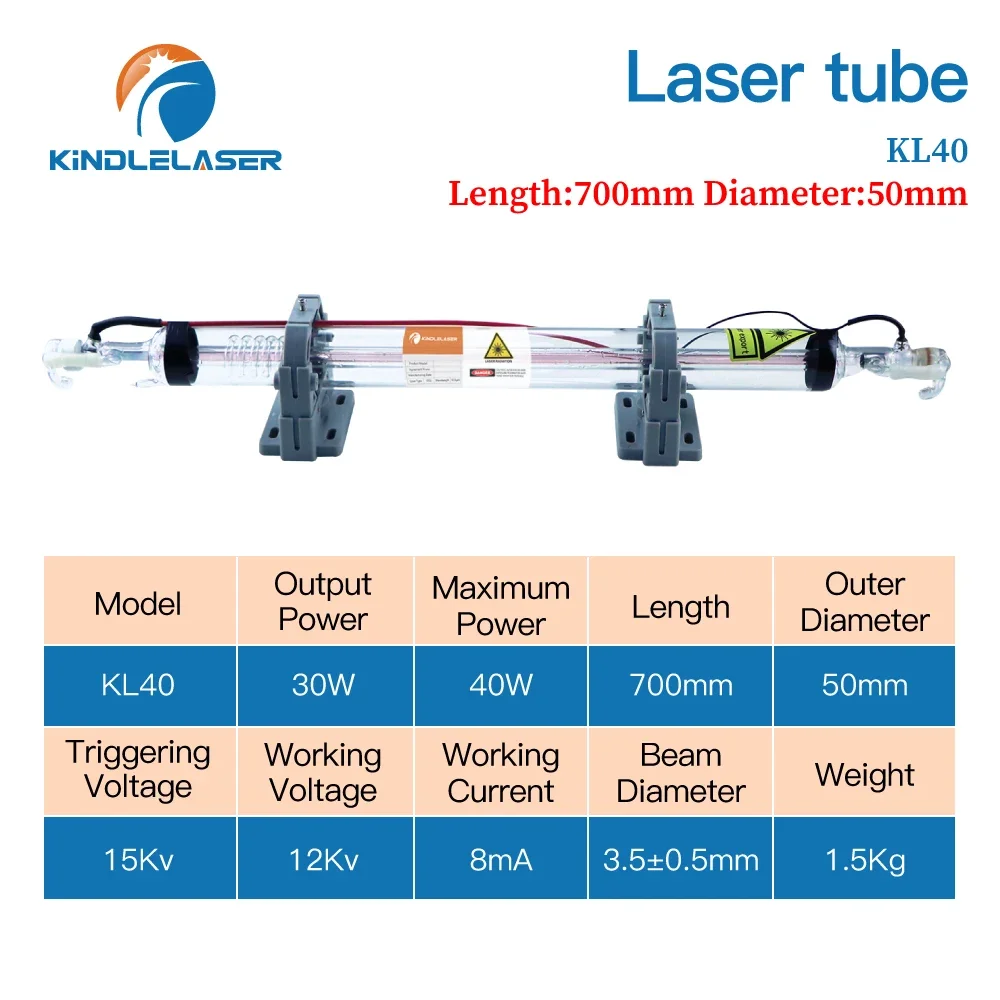 Imagem -05 - Kindlelaser 40w Tubo Laser Co2 Comprimento 700 mm Lâmpada Laser de Vidro Cabeça de Vidro para Máquina de Corte e Gravação a Laser Co2 Série K40