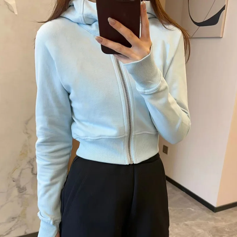 Women Oversized Hoodie Short Jackets No Fleece Sweatshirts Soft Thumbholes Leisure Sporty Coat