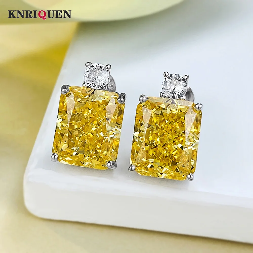 Luxury 100% 925 Real Silver 10*12mm Pink Quartz Topaz High Carbon Diamond Stud Earrings for Women Wedding Fine Jewelry Lady Gift