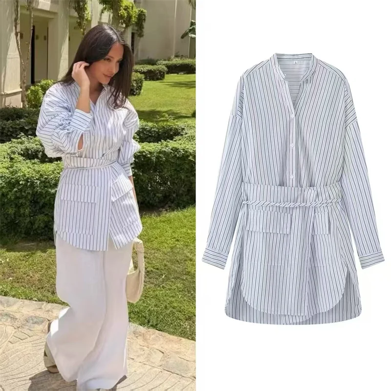 

Women's Shirt 2026 Summer New Style Light Blue Striped Long Sleeve Lazy Loose Fit Two-Way Shirt Fashion Vacation Personality