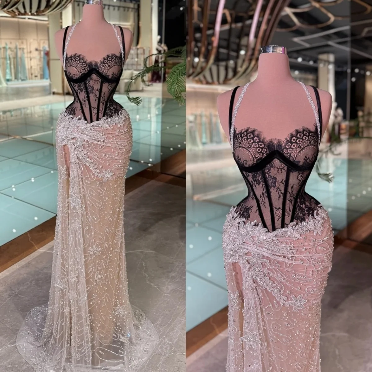 Sexy cintas de espaguete rendas vestidos de noite ilusão sem mangas lantejoulas sereia vestido de baile personalizado fenda lateral vestido de festa