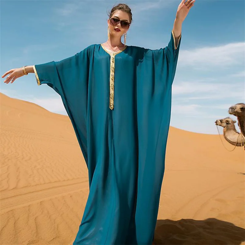 

2023 New Lake Blue Middle East Dress Dubai Muslim Loose Gold Ribbon Bat Worship Robe Abaya with under vest one set