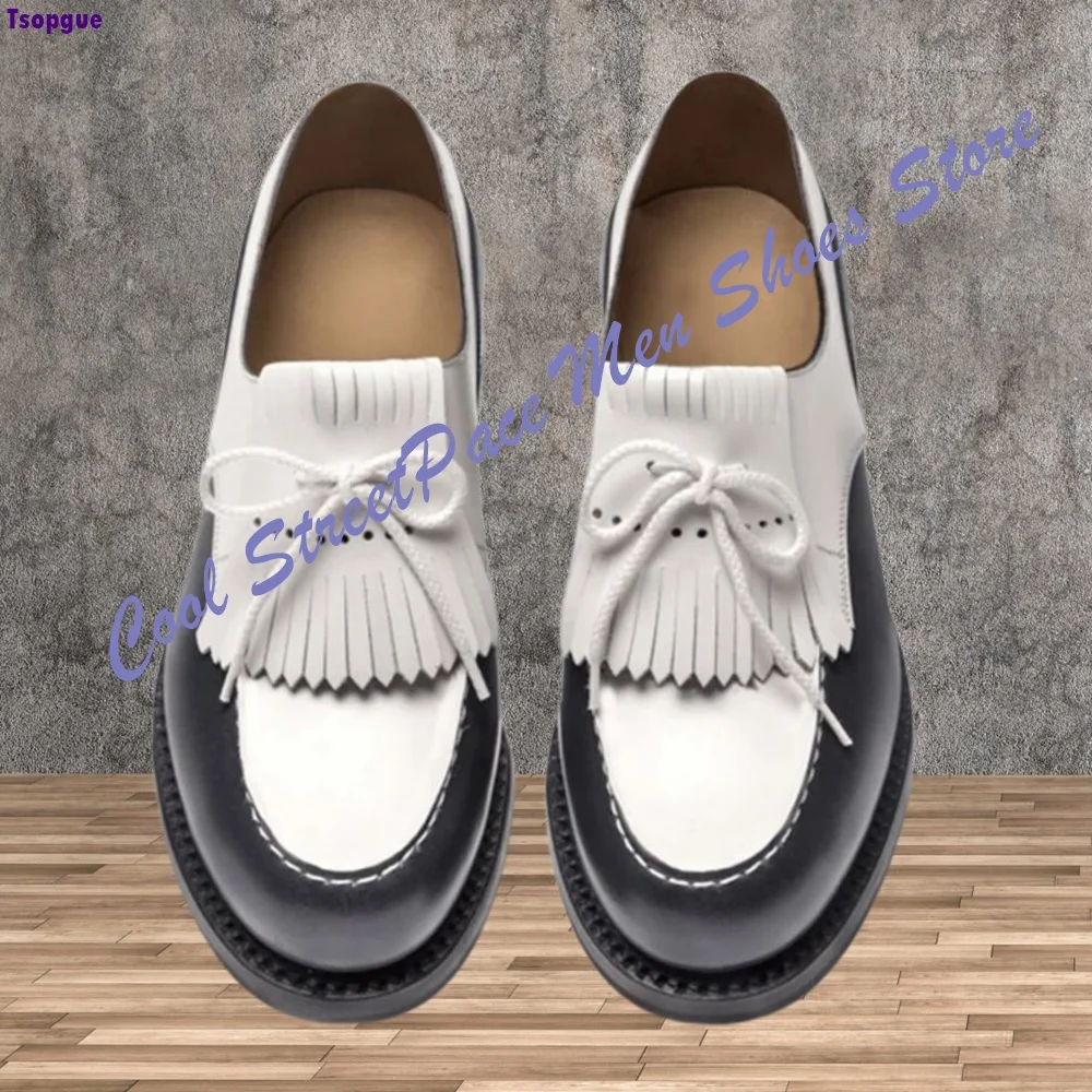Fringe Lace Up Oxford Shoes Men Navy White Two Tone Contrast Leather Fringe Panel Low Block Heel Vintage Fashion Handmade Shoes