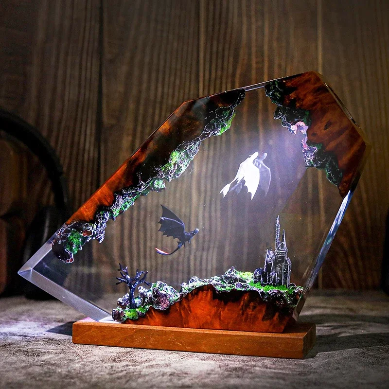 Lámpara de mesa de resina con organismo de dragón, lámpara de decoración artística creativa, tema de figura de dibujos animados, luz nocturna de 7 colores, carga USB