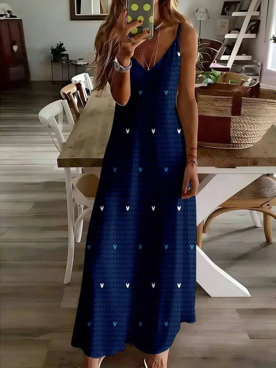 

Blue Heart Print Sleeveless V Neck Midi Dress Women Casual Loose Fit