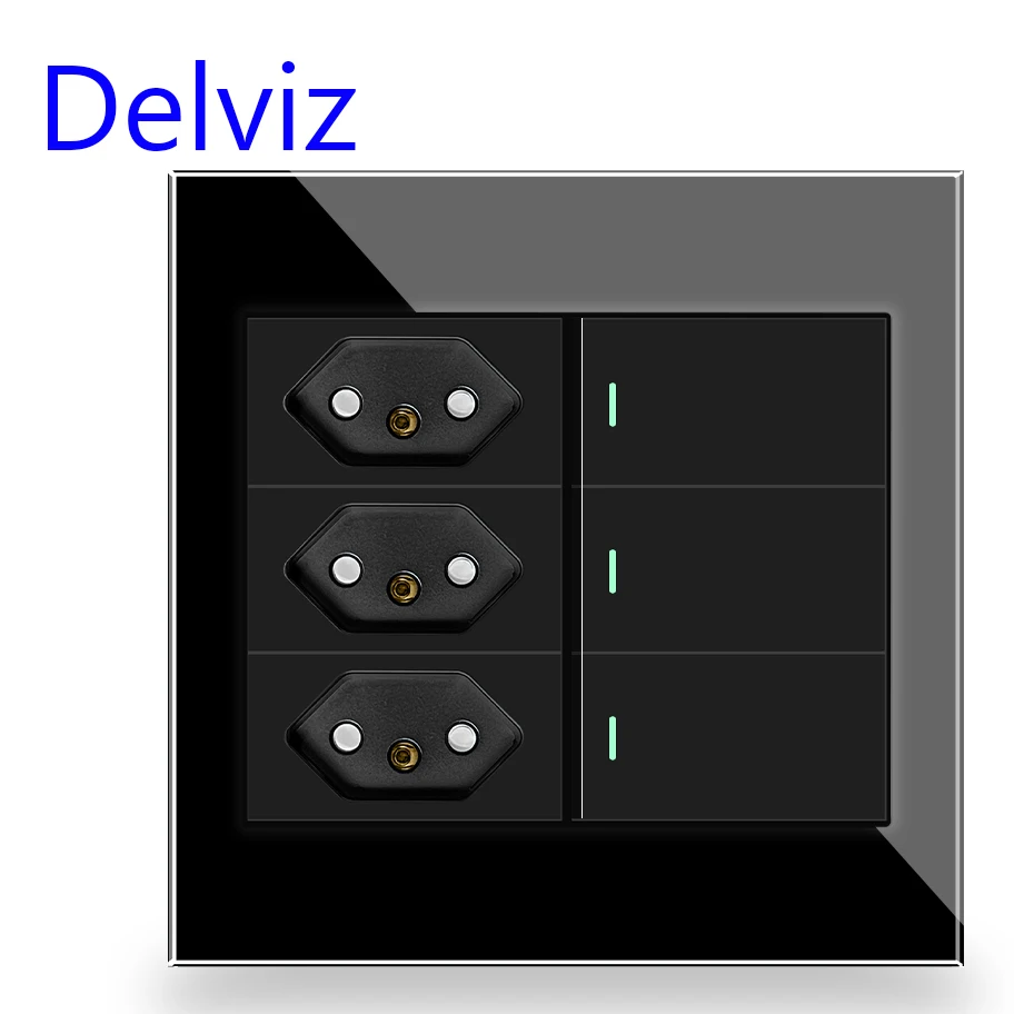 Delviz Brazil Standard Power Socket, AC 110V~250V,120mm*120mm socket with switch Glass Panel, 3 Gang 2 Way 16A Wall Light Switch
