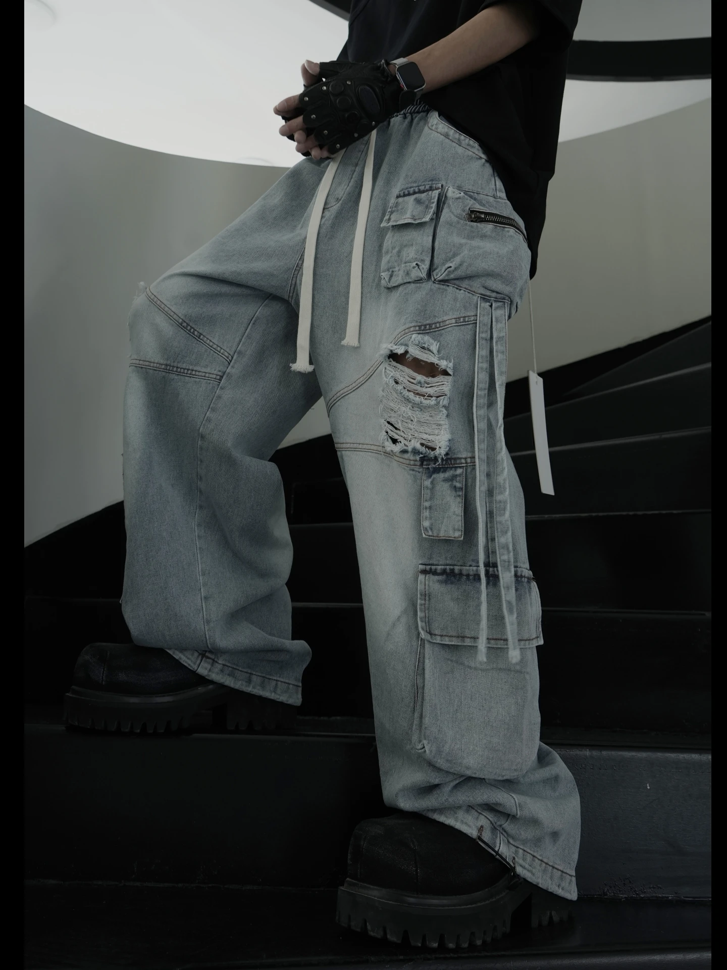 Heavy Industry plus Size Holes, Blue Wash Streamer High Street Jeans Deconstruct Hip Hop Multi-Pocket Cargo Pants