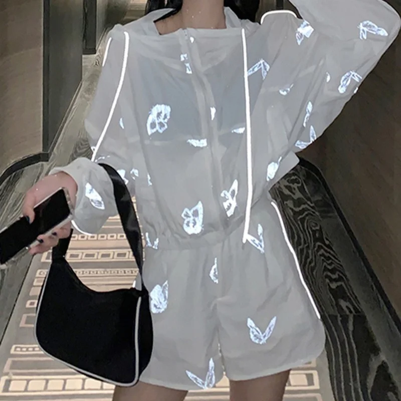 Hooded Thin Loose Top and Short Pants Butterfly Reflective Girl Sexy Streetwear Gothic Sportswear Women Summer Two Piece Sets