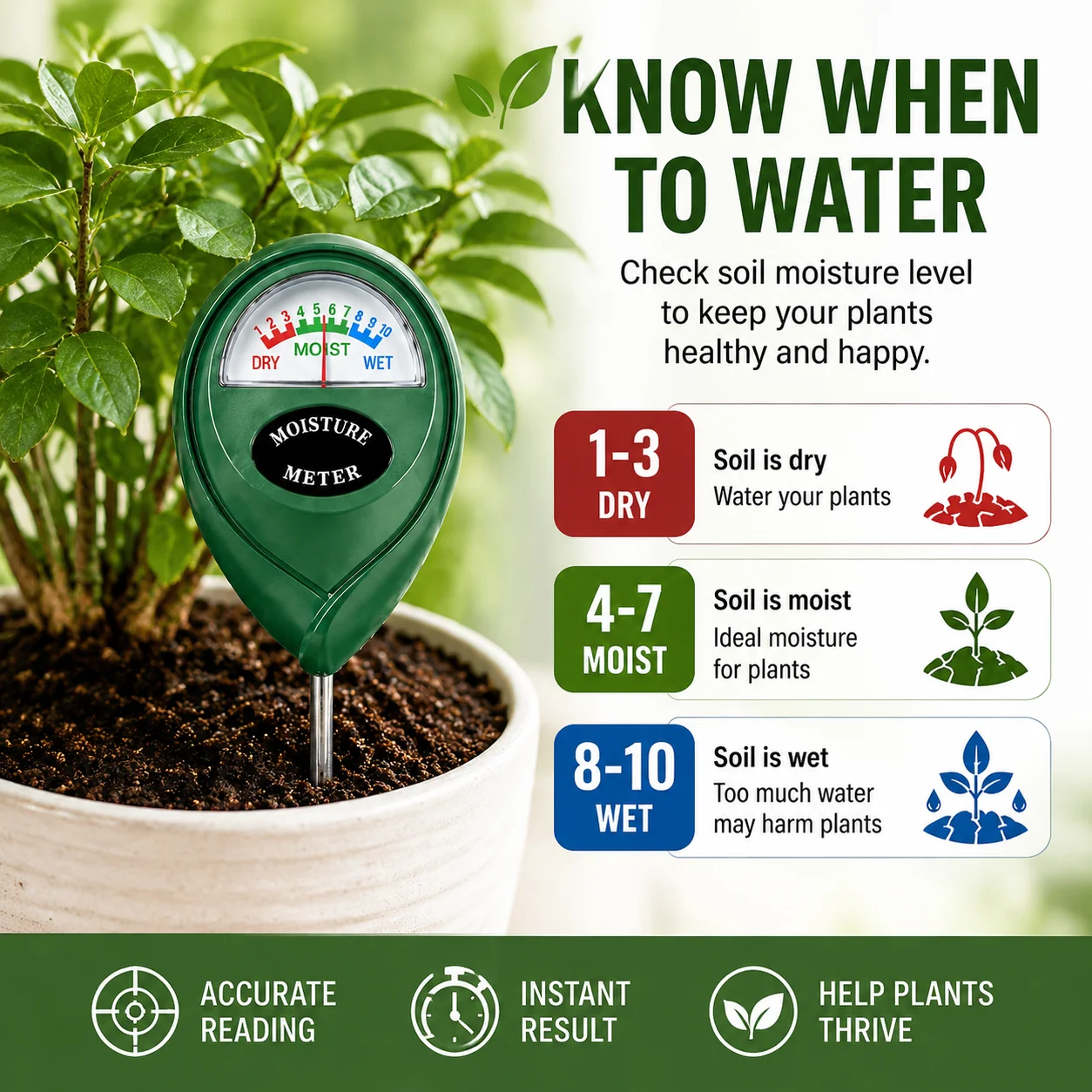 1PC Soil Moisture Meter No Battery Plant Water Tester Instant Reading Garden Plant Care Tool