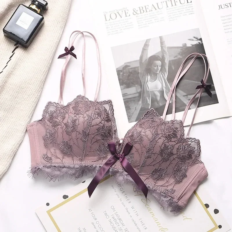 레이스 꽃 자수 섹시 브라 편안한 조절 가능한 여성 속옷 3/4 컵 무선 소녀 브래지어 브라렛