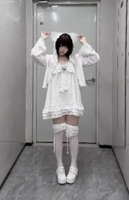 夏多用途甘くてかわいい女の子リボンレースルーズショートドレス日本オリジナルデザイン無地ノースリーブケーキドレス