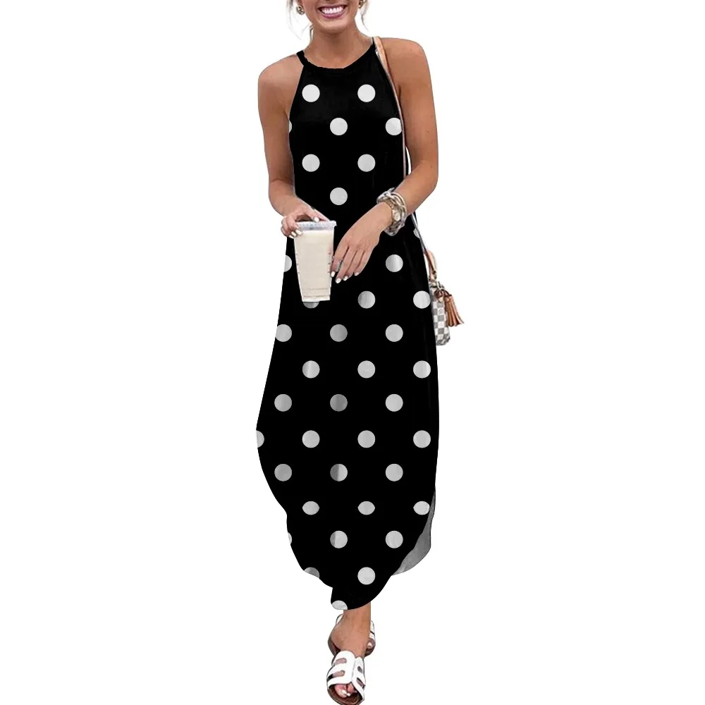 

Polka dots Print Women Casual Short Sleeve Camisole Dress Loose Long Double Pocket Beach Resort Dress-Woman Dress