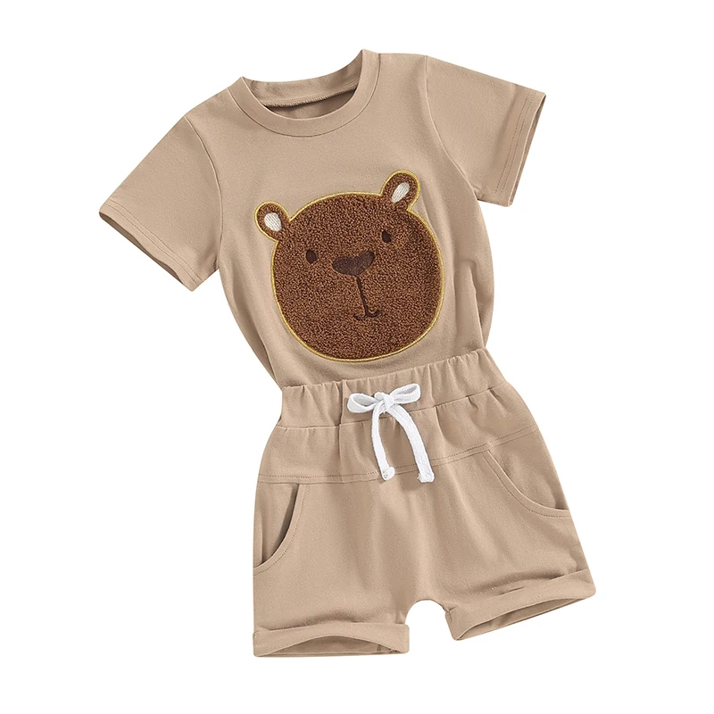 Toddler Boys Summer Outfits Fuzzy Bear Embroidered Short Sleeve T-Shirts Tops Elastic Waist Shorts 2Pcs Clothes Set