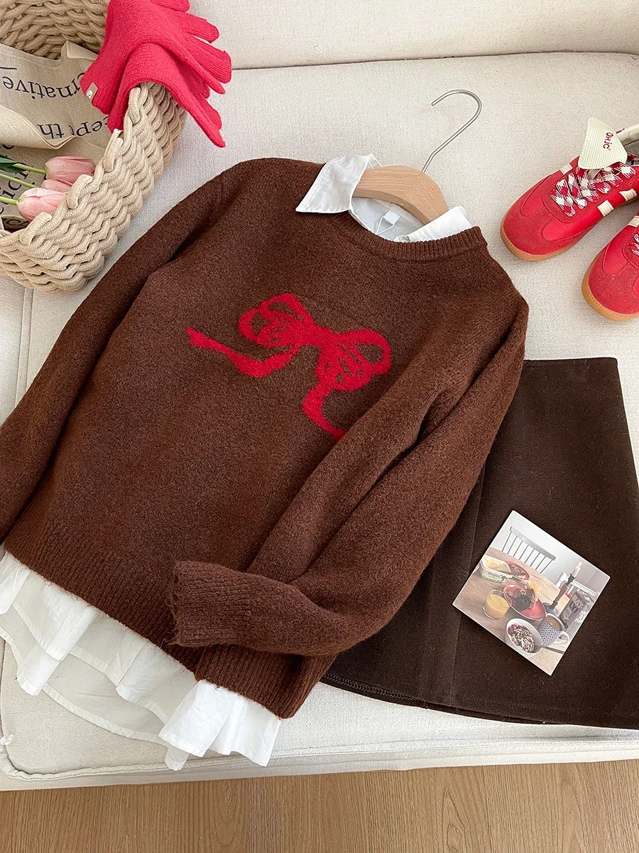 Sweaters Women Bow Graphic Knitted Pullovers Long Sleeve Ulzzang Sweet Personality Harajuku Schoolgirls Simple All-match Retro