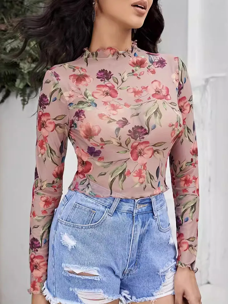 

Long Sve Me Кружевная блузка с принтом Street Sle Slim Fit из полиэстера и полиэстера, круглый модный женский топ длиной Ne ort