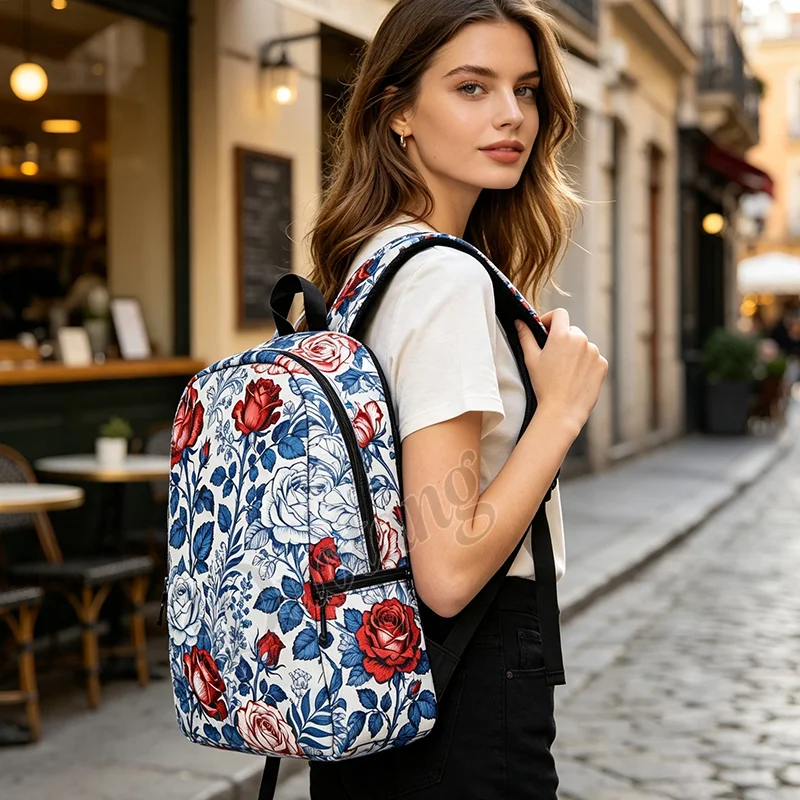 Red Roses and Blue Leaves Print Backpack Floral Pattern Women Men Rucksack for Travel Teenager School Laptop Bag Daypack Bookbag