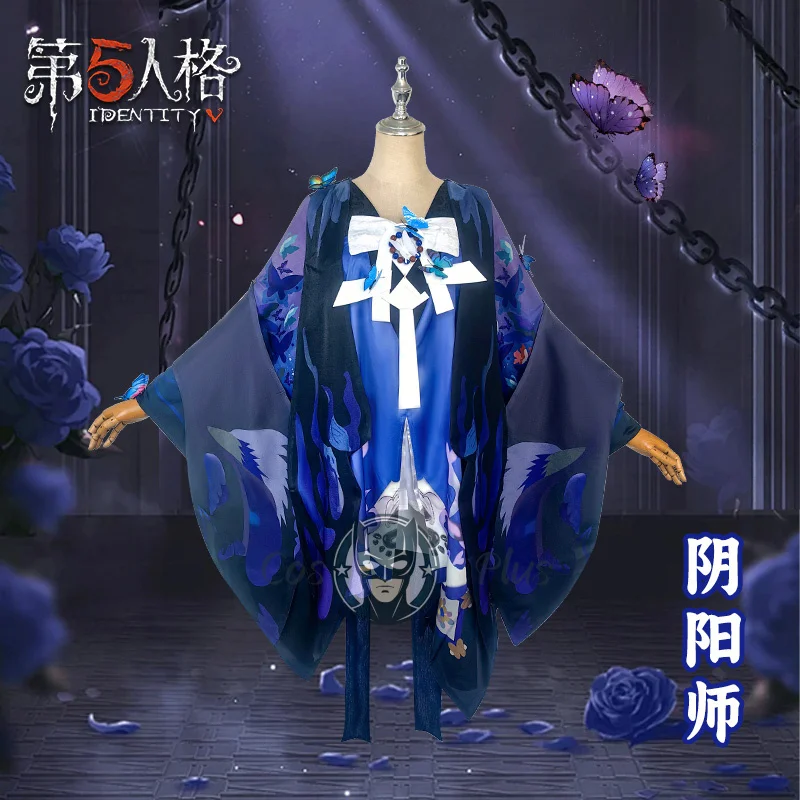 لعبة الهوية الجديدة على شكل حرف V Onmyoji ‌   زي ديمي بوربون التنكري، فستان على شكل فراشة زرقاء داكنة، زي موحد لحفلات الهالوين، ملابس لعب الأدوار