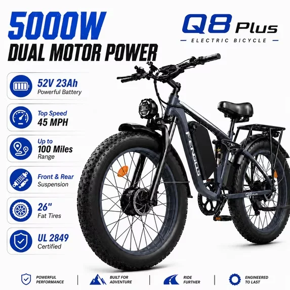 FENGQS Q8PLUS Electric Bike 6000W 5000W Dual Motor for Adults, 26"x4" Fat Tire, 52V/23Ah Battery, 45mph Top 80-100 Miles Range, Full Suspension, UL 2849