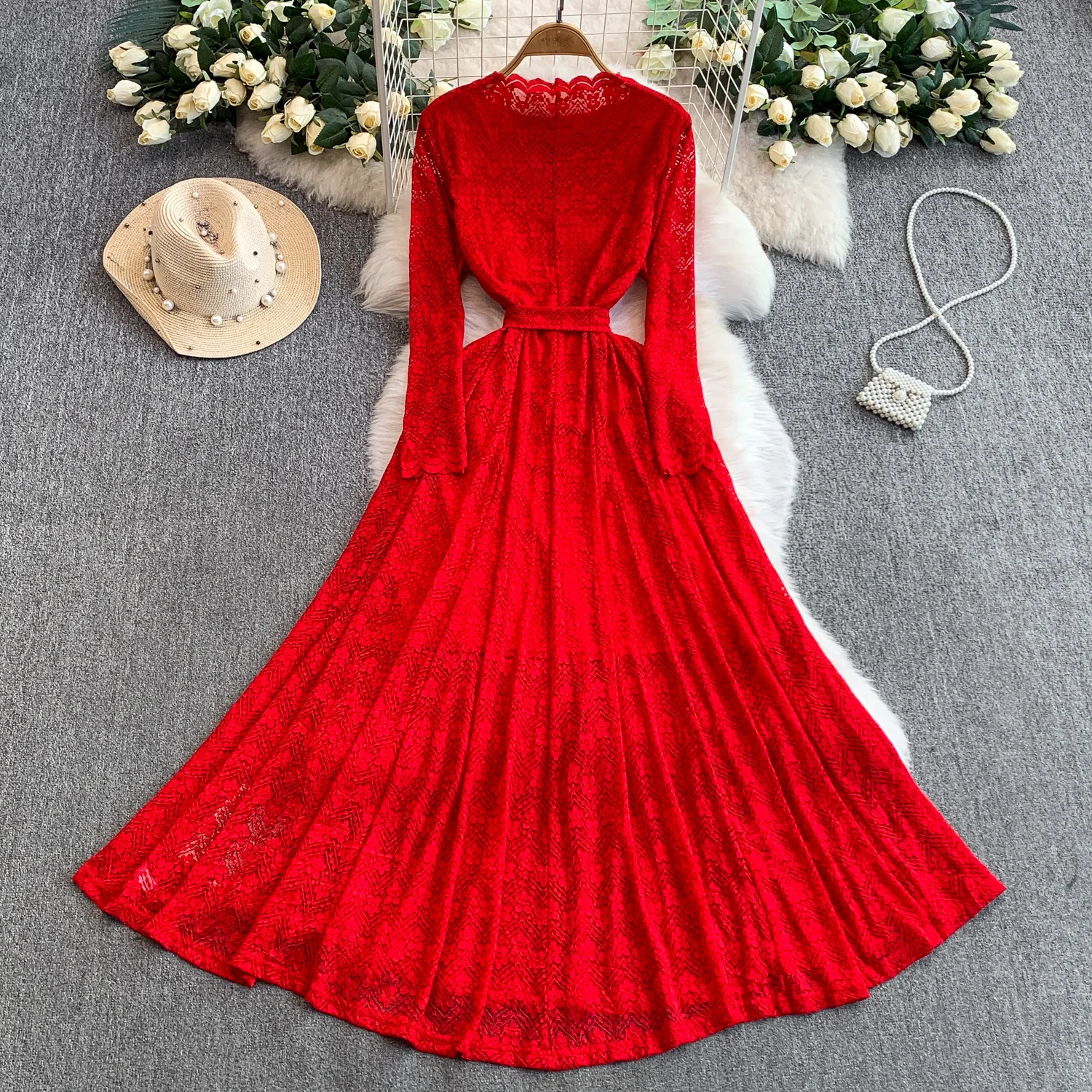 فساتين أنيقة بأكمام طويلة ورقبة على شكل حرف V من الدانتيل أنيقة لحفلات الجنية فستان صيفي رائع ملابس نسائية فستان على شكل حرف A #2